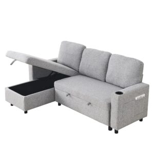 LUMISOL 78" Convertible Sleeper Sofa Pull Out Bed, L Shaped Sectional Sofa Bed with Cup Holders & Storage Pockets, Linen Sofa Couch Bed with Storage Chaise for Living Room, Grey