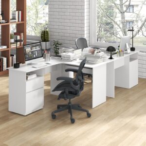 GOFLAME L-Shaped Desk, 59" Corner Computer Desk with File Drawer & Open Shelf, Large Workstation w/ 2 Cable Management Holes, Writing Study Desk for Home Office, White