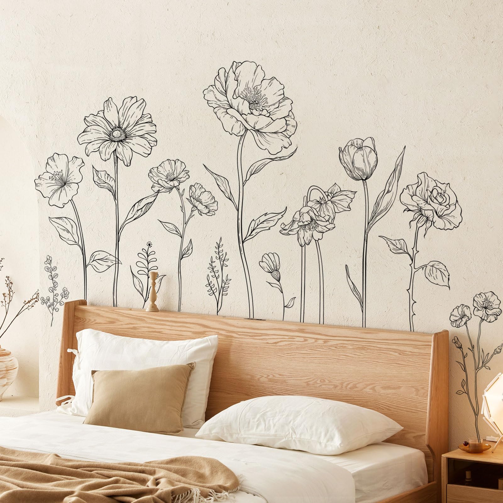 Large Black Boho Flower Wall Decals Simple Sketch Floral Wall Stickers Wildflower Peel and Stick Wall Art Decor for Girls Bedroom Living Room Office Adult Home Decor