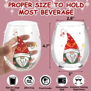 DR.DUDU Christmas Wine Glasses Cups Set of 4, Stemless Drinking Glass with Cute Christmas Gnome Designs, Clear Wine Milk Drinkware Party Gifts for Women, Men, Friends, Holiday Xmas Decorations (18oz)