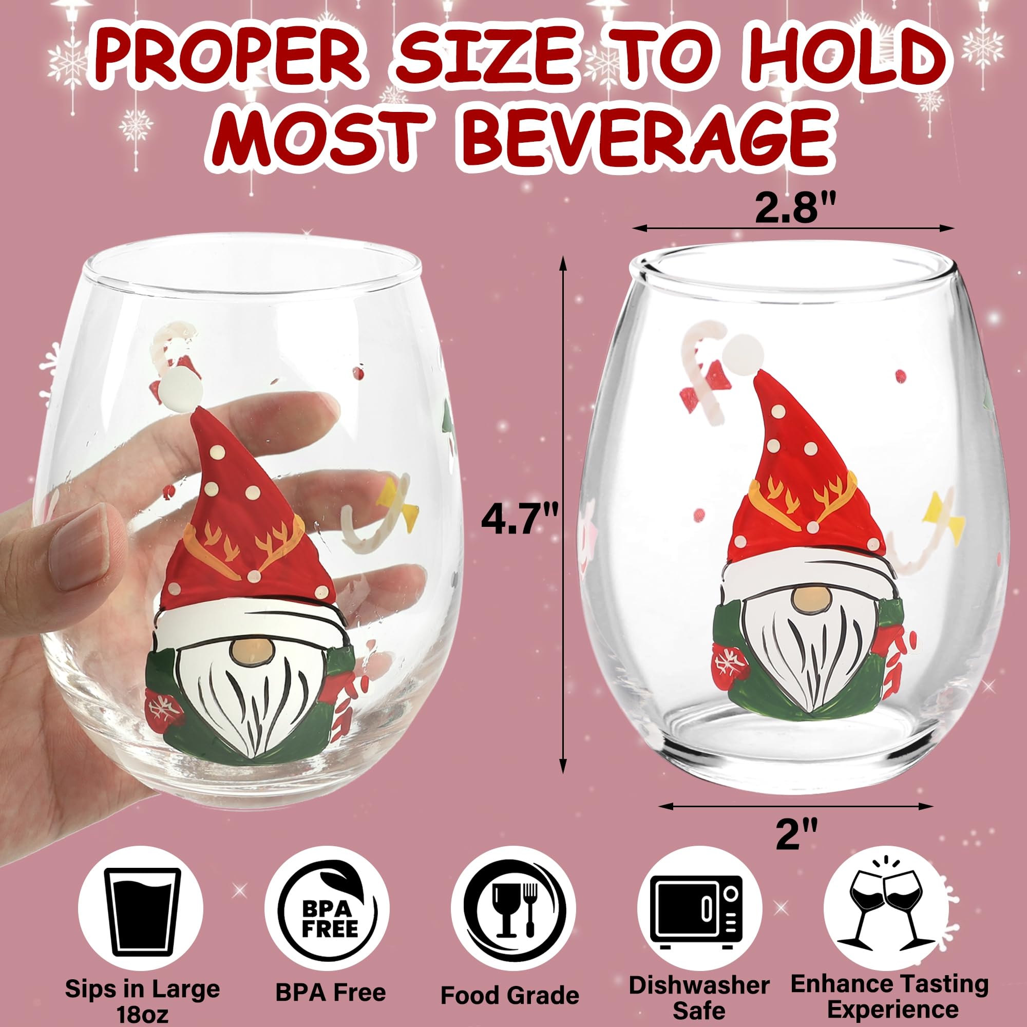 DR.DUDU Christmas Wine Glasses Cups Set of 4, Stemless Drinking Glass with Cute Christmas Gnome Designs, Clear Wine Milk Drinkware Party Gifts for Women, Men, Friends, Holiday Xmas Decorations (18oz)