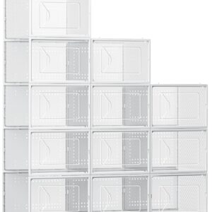 Foluck Shoe Storage Box, 12 Pack Clear Plastic Stackable Shoe Organizer for Closet, Interlocking Design Shoe Container Bins for Sneakers, Foldable Shoe Rack with Lids, White