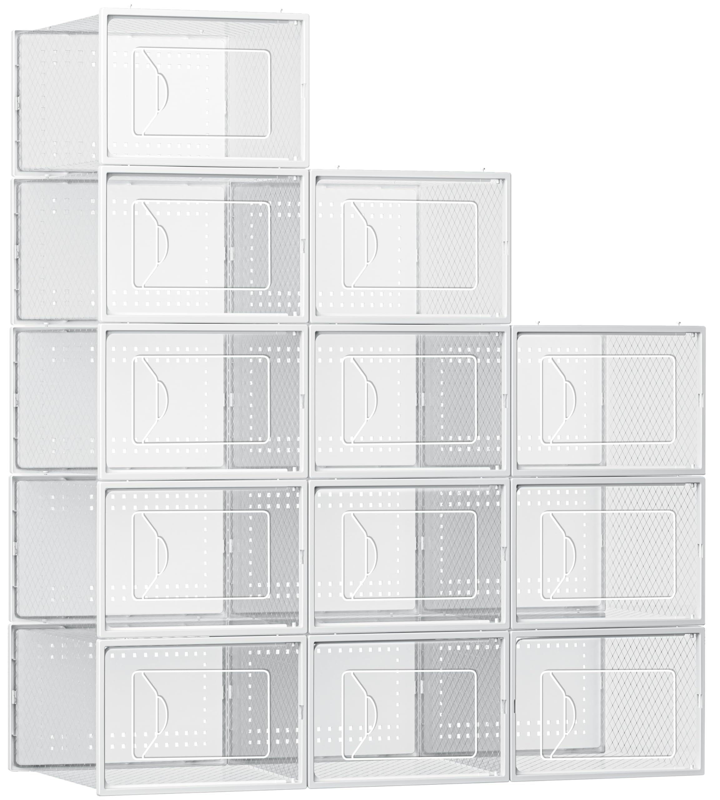 Foluck Shoe Storage Box, 12 Pack Clear Plastic Stackable Shoe Organizer for Closet, Interlocking Design Shoe Container Bins for Sneakers, Foldable Shoe Rack with Lids, White