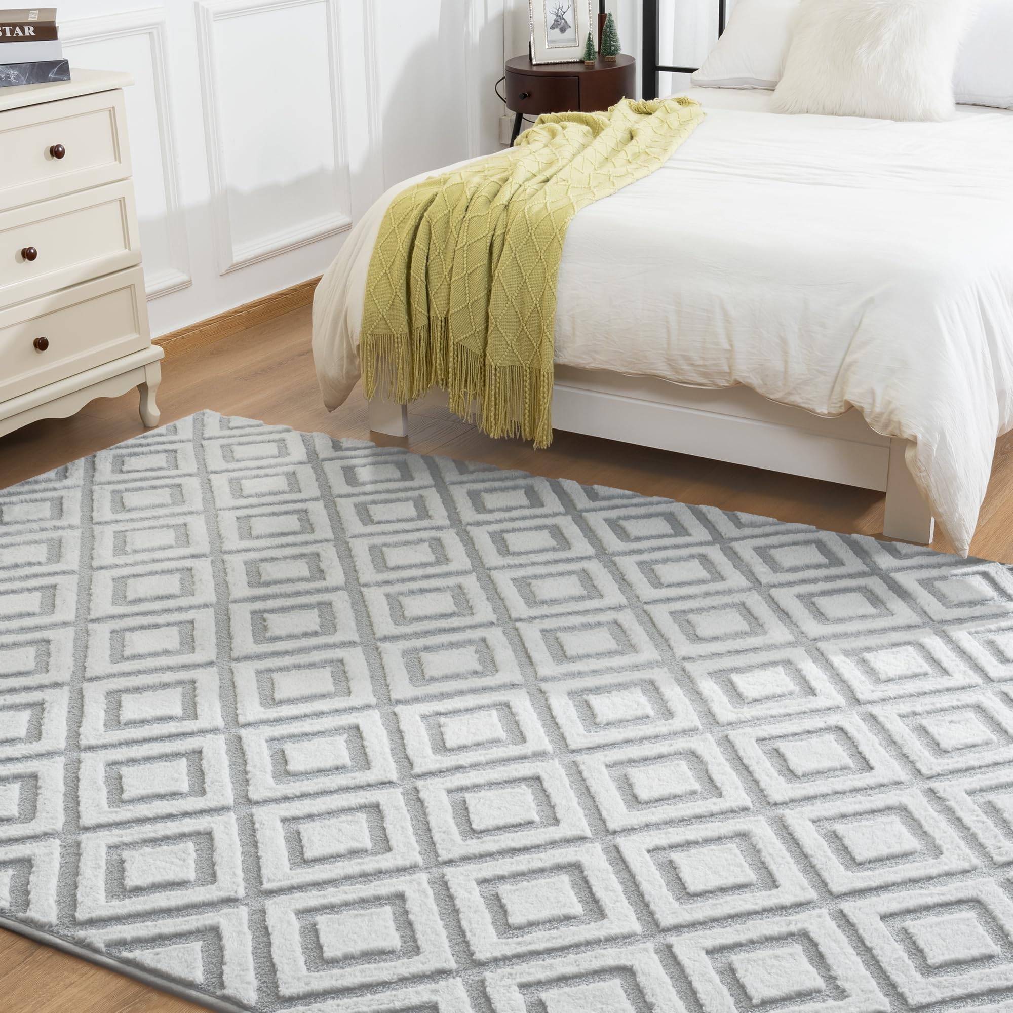 ST. BRIDGE Soft Grey Rugs for Bedroom 4x5.3 Feet, Geometric Memory Foam Rugs for Living Room, Fluffy Checkered Shaggy Area Rug for Girls Kids Dorm Room, Non-Slip Washable Modern Indoor Carpet