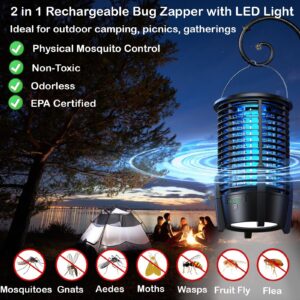 Rechargeable Cordless Bug Zapper Outdoor, Mosquito Zapper Rechargeable, Battery Bug Zapper with LED Light/3600mAh Battery, Bug Zapper Light, Portable Fly Zapper for Camping Patio Backyard Garden