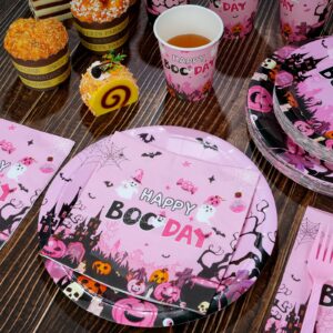 Halloween Happy Boo Day Bayby Shower Party Decorations,Pink Orange Ghost Pumpkin Disposable Paper Plates Napkins Cups Knives Spoons Fork for Girl Halloween Birthday Baby Shower Party Supplies,Serve 50