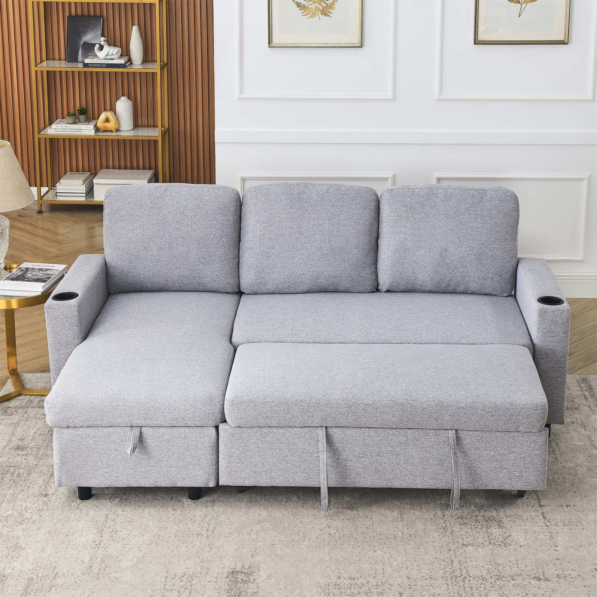 LUMISOL 78" Convertible Sleeper Sofa Pull Out Bed, L Shaped Sectional Sofa Bed with Cup Holders & Storage Pockets, Linen Sofa Couch Bed with Storage Chaise for Living Room, Grey