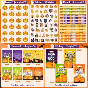 ANGOLIO 146Pcs Halloween Christian Jesus Party Bag Filler Pumpkin Cross Eraser Religious Pumpkin Pencil Notebook Pumpkin Cross Candy Bag and Sticker Halloween Decor Christian Halloween Party Supplies