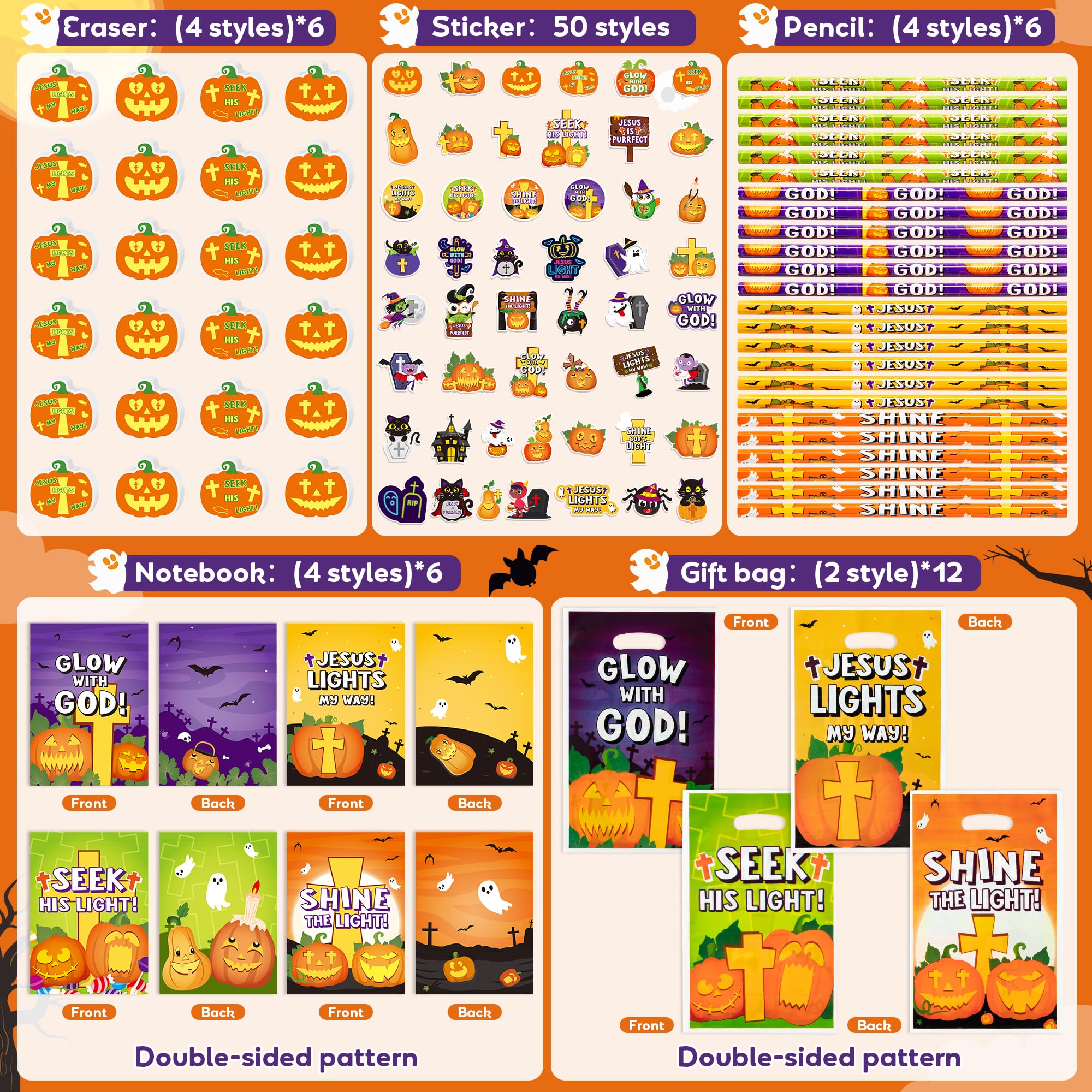 ANGOLIO 146Pcs Halloween Christian Jesus Party Bag Filler Pumpkin Cross Eraser Religious Pumpkin Pencil Notebook Pumpkin Cross Candy Bag and Sticker Halloween Decor Christian Halloween Party Supplies