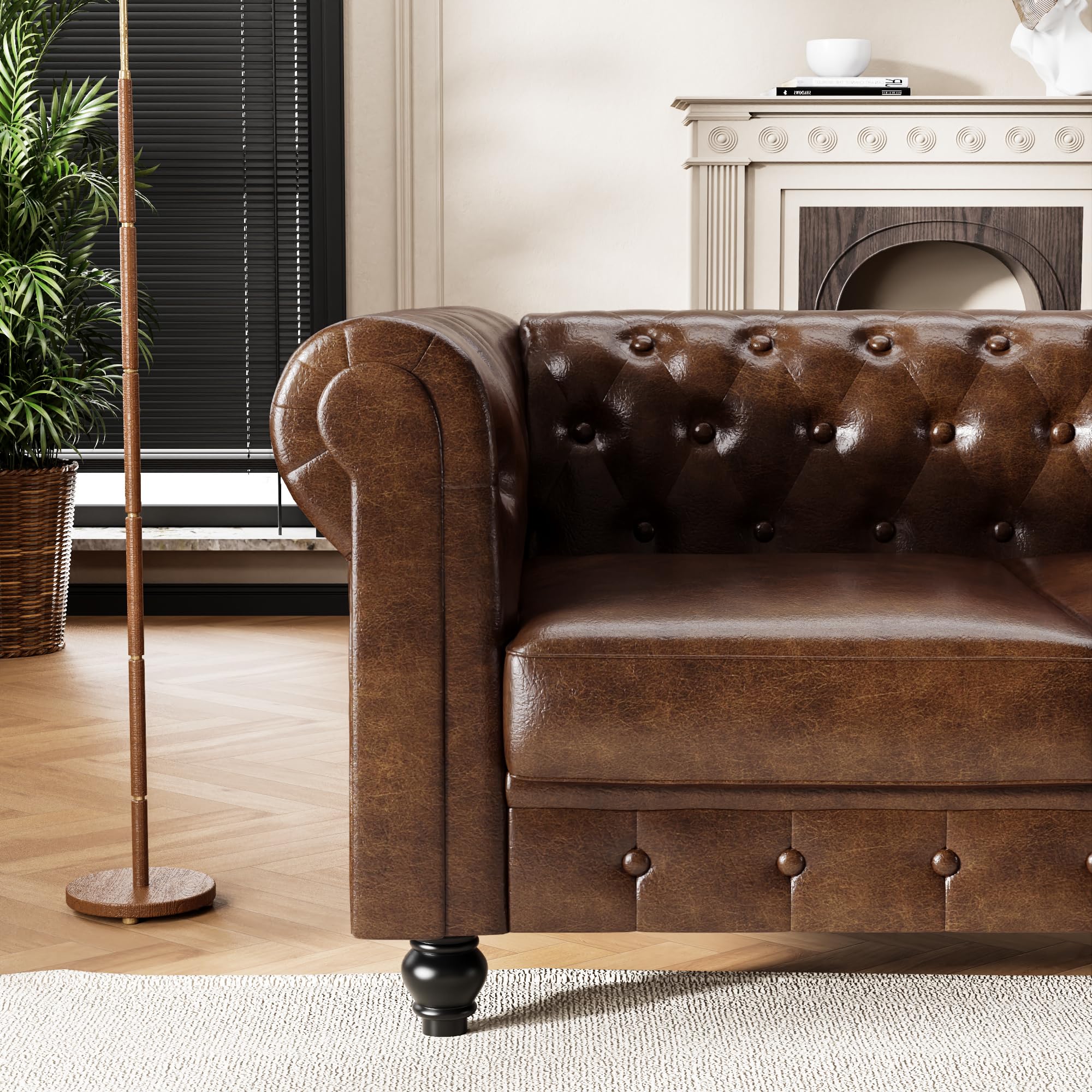 DOOSOODAA Chesterfield PU Leather Couch 3 Seater Sofa, 89" Modern Luxurious Large Button-Tufted Sofa Couch, Home Upholstered Sofa Deep Seat Couch for Living Room Furniture Brown