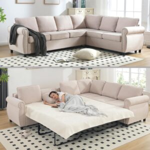 104'' sleeper sofa bed queen, l shaped sectional sofa with pull out couch bed, queen size 6 seater sofa bed with memory foam mattress, sectional couches for living room furniture set, beige