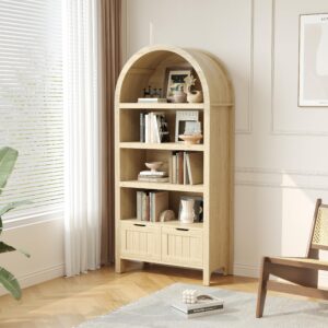 cosimates 65" tall arched bookcase, 4-tier arched cabinet with 2 drawers and shelves, arched bookshelf with storage,for living room, (oak)