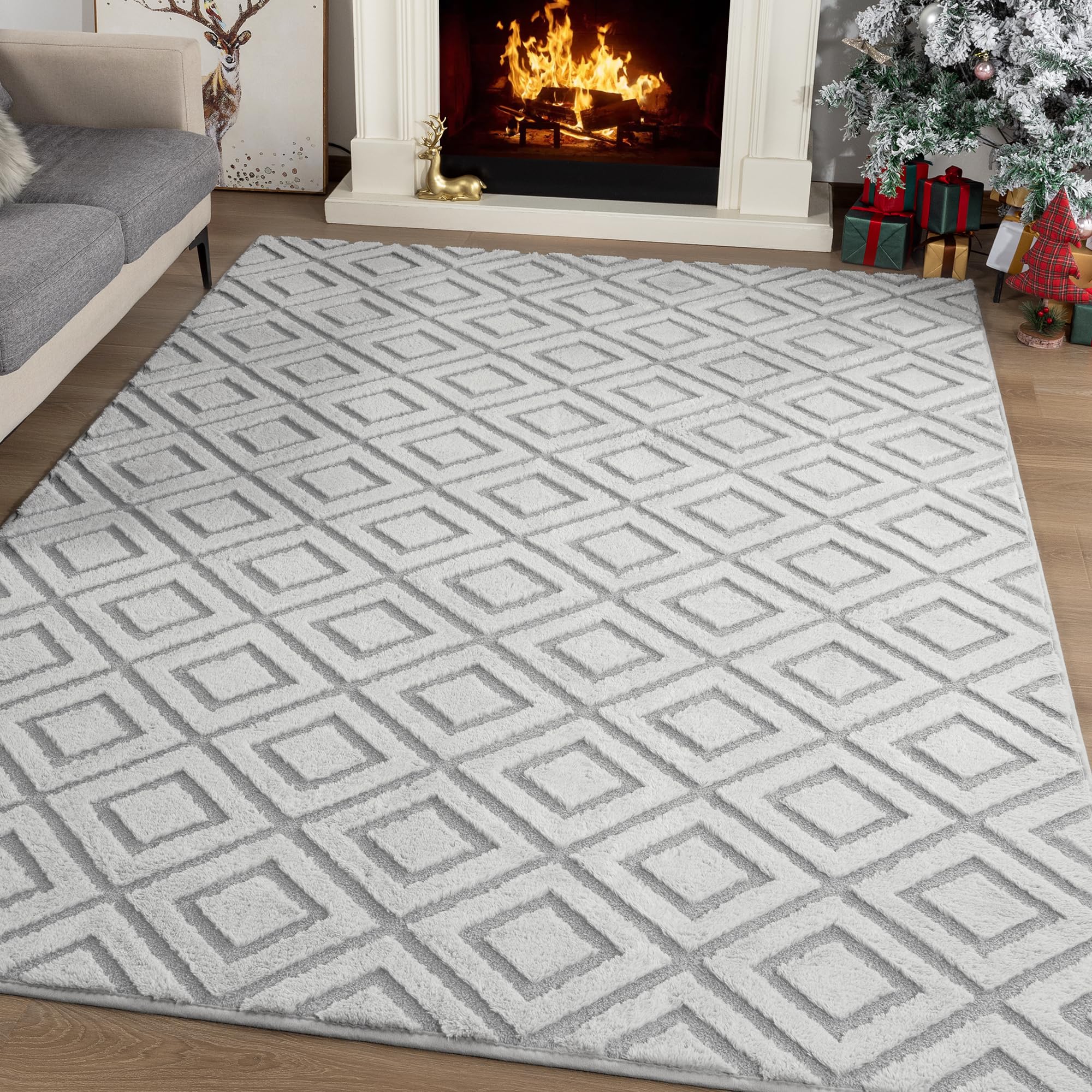 ST. BRIDGE Soft Grey Rugs for Bedroom 4x5.3 Feet, Geometric Memory Foam Rugs for Living Room, Fluffy Checkered Shaggy Area Rug for Girls Kids Dorm Room, Non-Slip Washable Modern Indoor Carpet