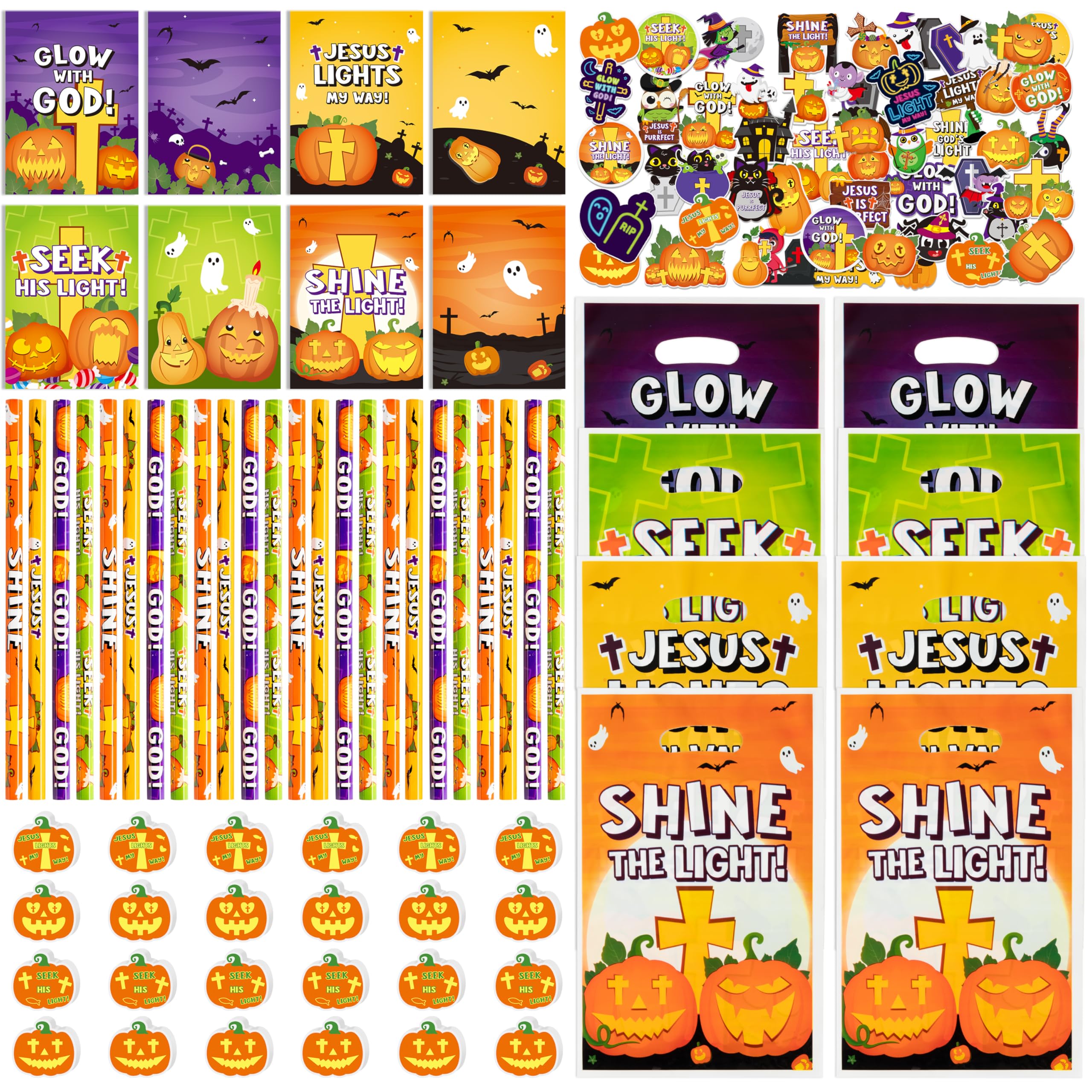 ANGOLIO 146Pcs Halloween Christian Jesus Party Bag Filler Pumpkin Cross Eraser Religious Pumpkin Pencil Notebook Pumpkin Cross Candy Bag and Sticker Halloween Decor Christian Halloween Party Supplies