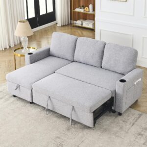 lumisol 78" convertible sleeper sofa pull out bed, l shaped sectional sofa bed with cup holders & storage pockets, linen sofa couch bed with storage chaise for living room, grey