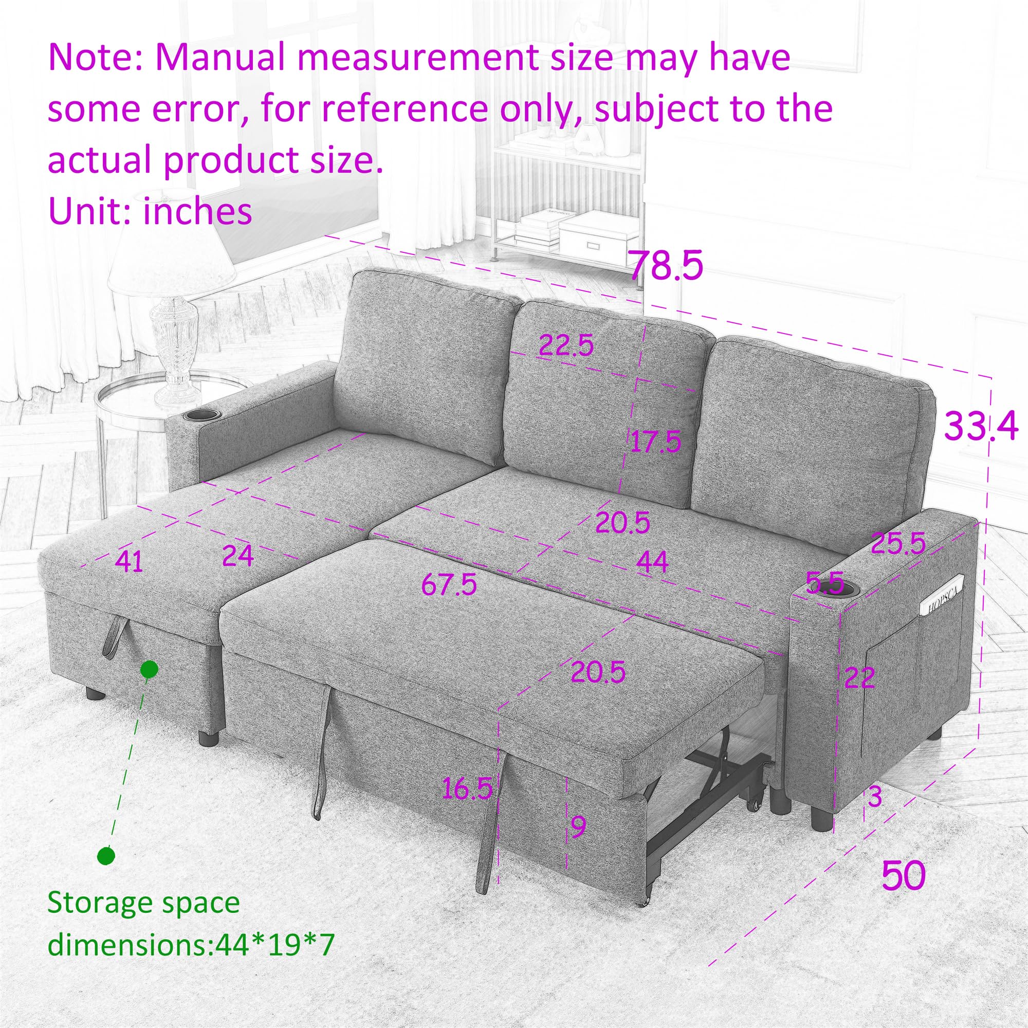 LUMISOL 78" Convertible Sleeper Sofa Pull Out Bed, L Shaped Sectional Sofa Bed with Cup Holders & Storage Pockets, Linen Sofa Couch Bed with Storage Chaise for Living Room, Grey