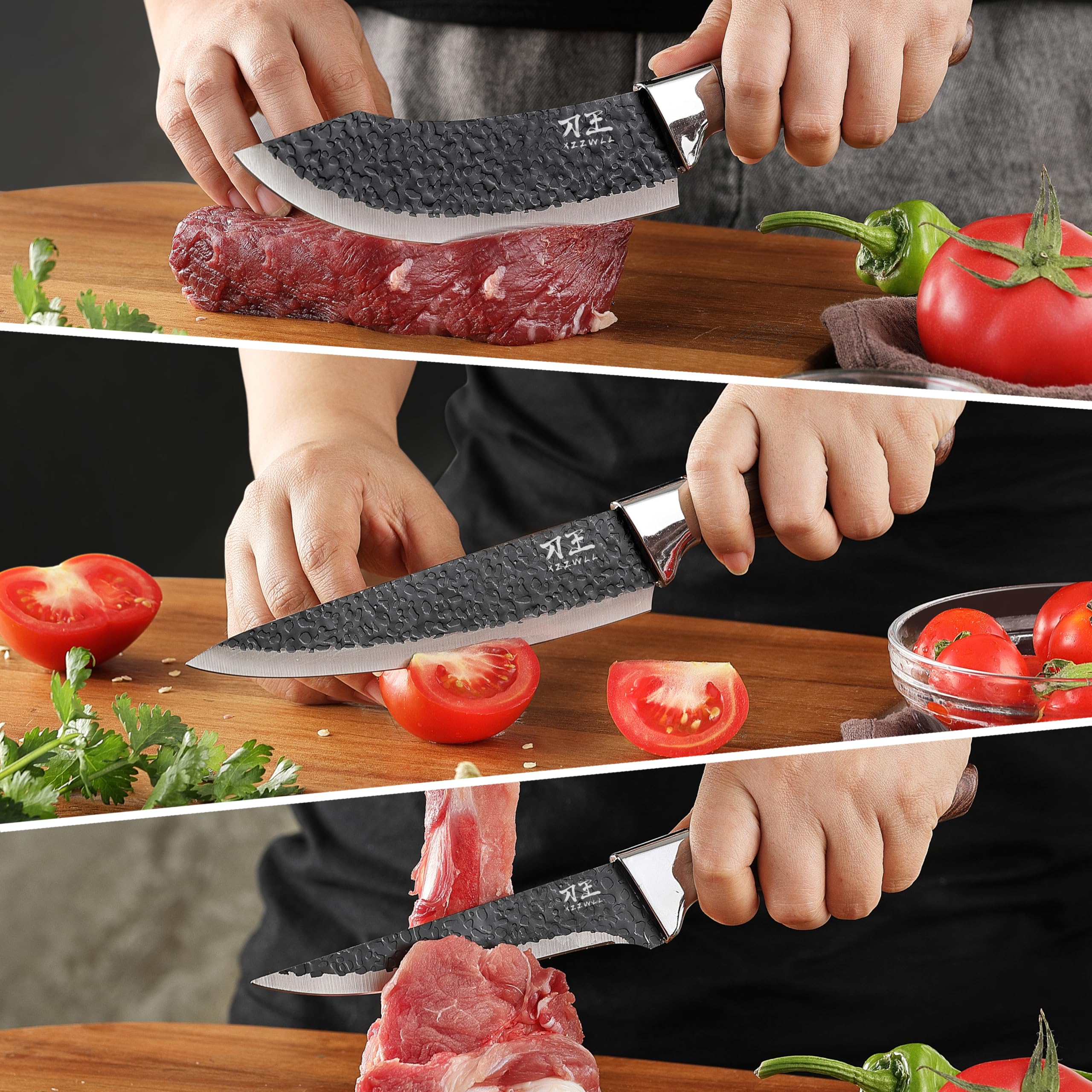 XZZWLL Chef Knife Set, 3 Pieces Kitchen Knives with Sheath, 7” Chef knife 6” Cleaver knife and 5.5” Boning Knife - Ergonomic Handle with Anti-Corrosion Blade