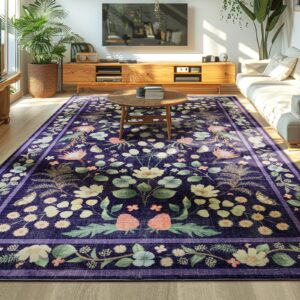 Rtizon Area Rugs for Living Room 5x7 Non-Slip Carpet Washable Boho Rug Vintage Low Pile Carpet Print Home Rugs for Bedroom Kids Room Playroom Dining Room Home Office Farmhouse,Purple