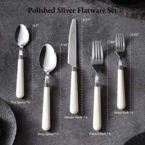 CAROTE 30PCS Silverware Set, Stainless Steel Flatware Set with White Handle, Dining Table Set for 6, Kitchen Utensil Sets for Home Restaurant, Mirror Polished Spoon and Fork Set, Dishwasher Safe