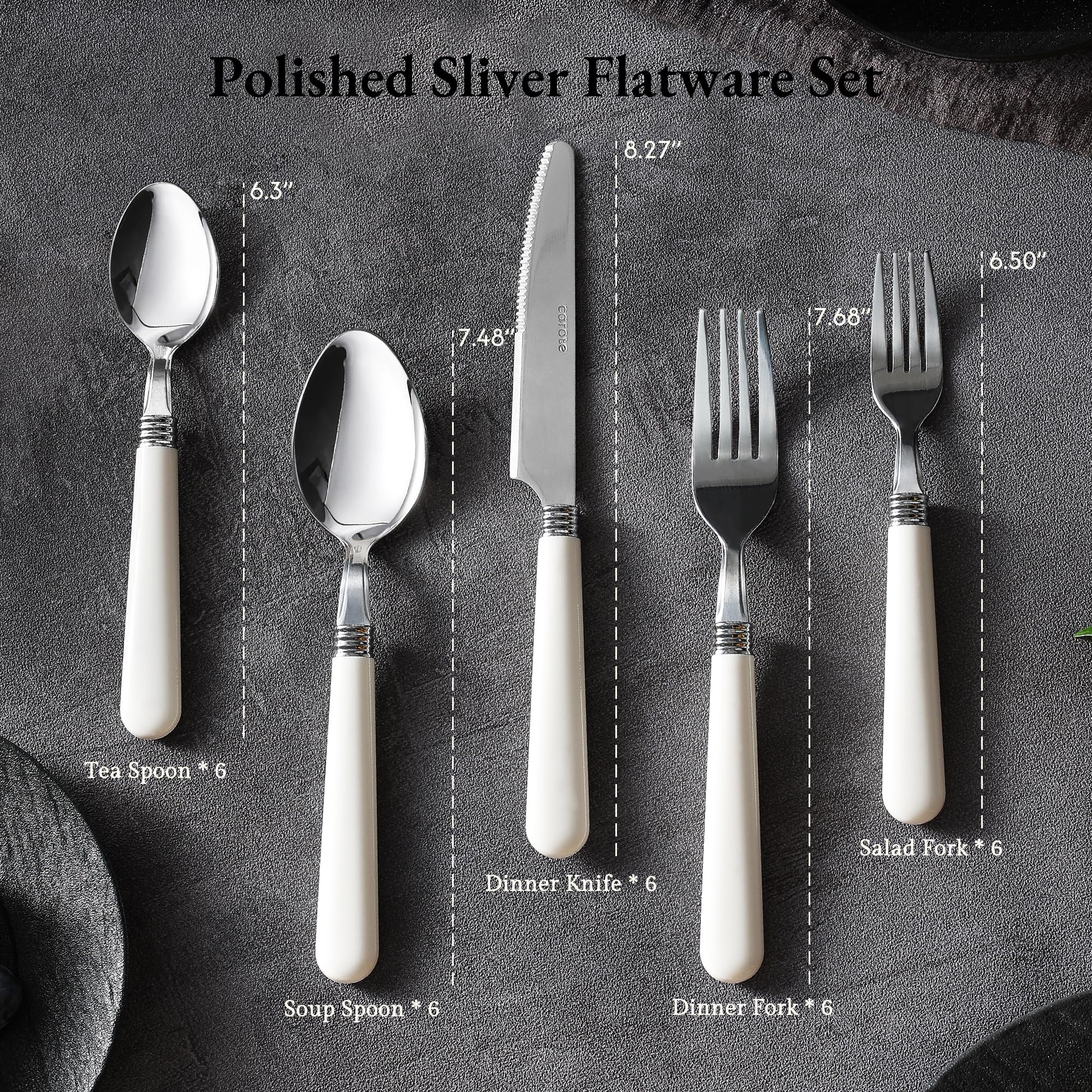 CAROTE 30PCS Silverware Set, Stainless Steel Flatware Set with White Handle, Dining Table Set for 6, Kitchen Utensil Sets for Home Restaurant, Mirror Polished Spoon and Fork Set, Dishwasher Safe