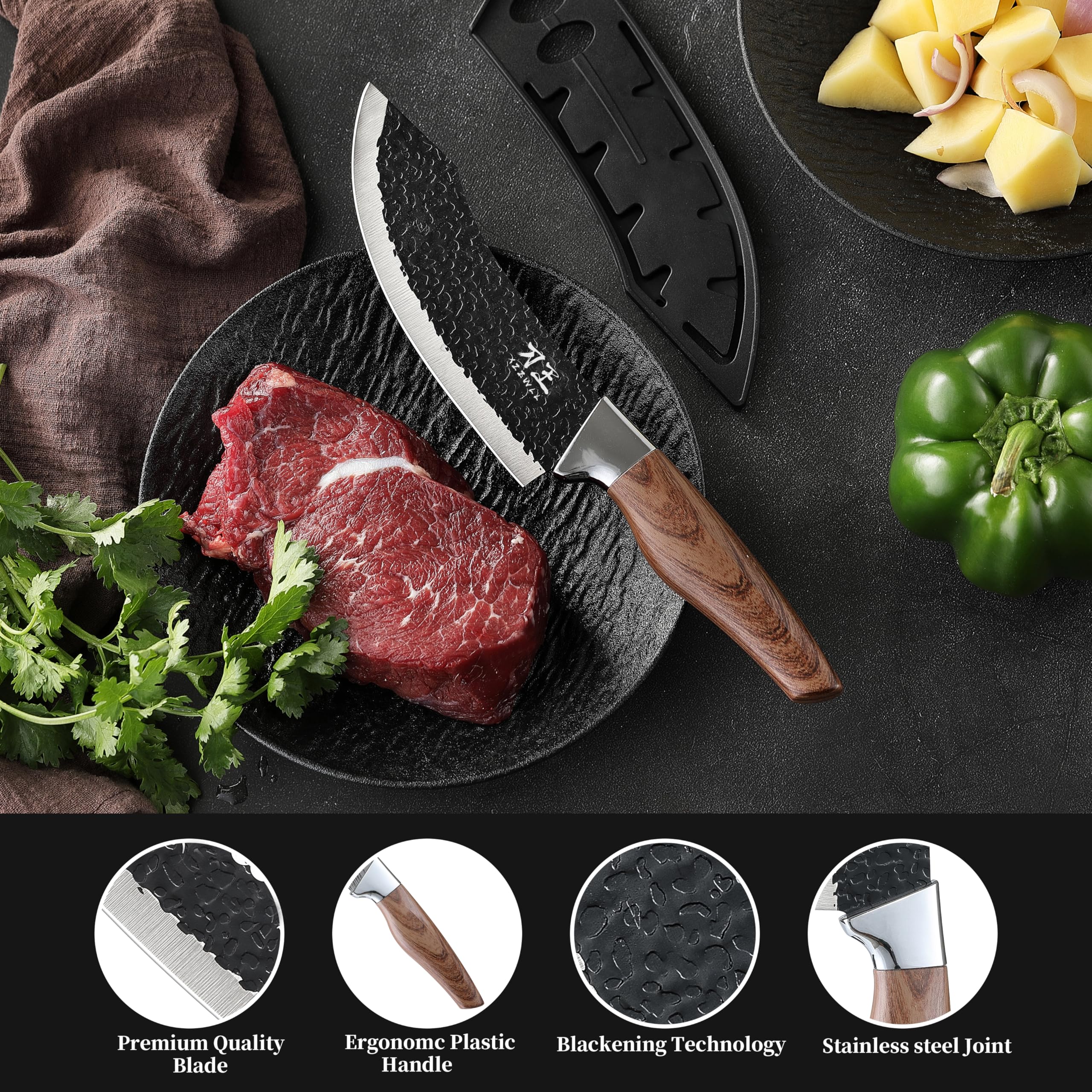 XZZWLL Chef Knife Set, 3 Pieces Kitchen Knives with Sheath, 7” Chef knife 6” Cleaver knife and 5.5” Boning Knife - Ergonomic Handle with Anti-Corrosion Blade