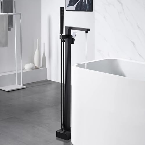 Freestanding Bathtub Faucet Single Handle Floor Mounted Tub Filler with Hand Shower in Black