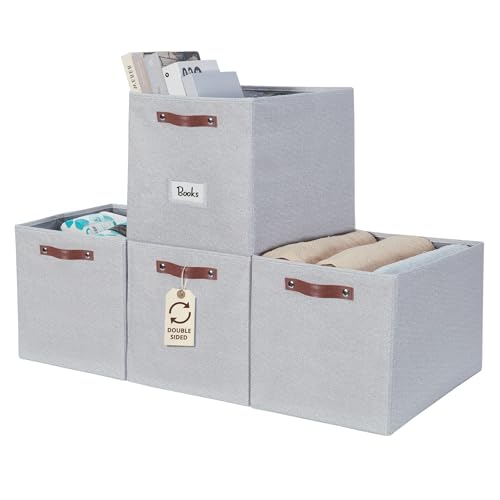 DECOMOMO Storage Baskets 13x15x13 Storage Cube Bins with Label Holders, Kallax Storage Cubes for Organizing Shelves Nursery Toy (Kallax / 4pcs, Light Textured Grey)