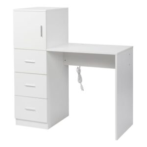 karl home computer desk with bookshelf, small desk ideal for home office, wood construction office desk with drawers and built-in charge station for bedroom, kids room, manicure table (white)