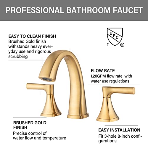 Widespread Bathroom Sink Faucets Two Handle 3 Hole Vanity Bath Faucet with Drain Assembly (Brushed Golden)