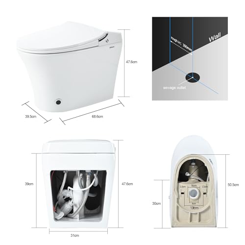 Luxury Smart Toilet with Dryer and warm water, Elongated Bidet Toilet with Heated Seat, with Remote Control, LED Night Light, Power Outage Flushing, Soft Close Cover,Whit