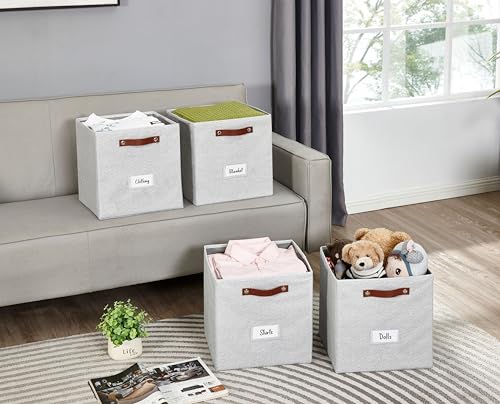 DECOMOMO Storage Baskets 13x15x13 Storage Cube Bins with Label Holders, Kallax Storage Cubes for Organizing Shelves Nursery Toy (Kallax / 4pcs, Light Textured Grey)