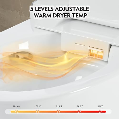 Luxury Smart Toilet with Dryer and warm water, Elongated Bidet Toilet with Heated Seat, with Remote Control, LED Night Light, Power Outage Flushing, Soft Close Cover,Whit