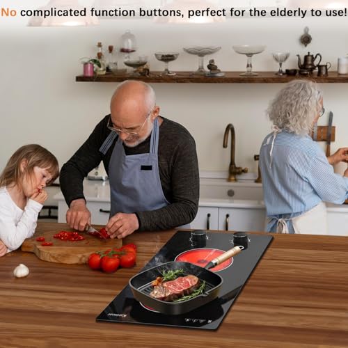 Karinear 110V Electric Cooktop 2 Burners Electric Stove 12 Inch Knob Control Countertop & Built-in Ceramic Cooktop, 9 Heating Level, Hot Warning, Over-Temperature Protection(Black Knob)