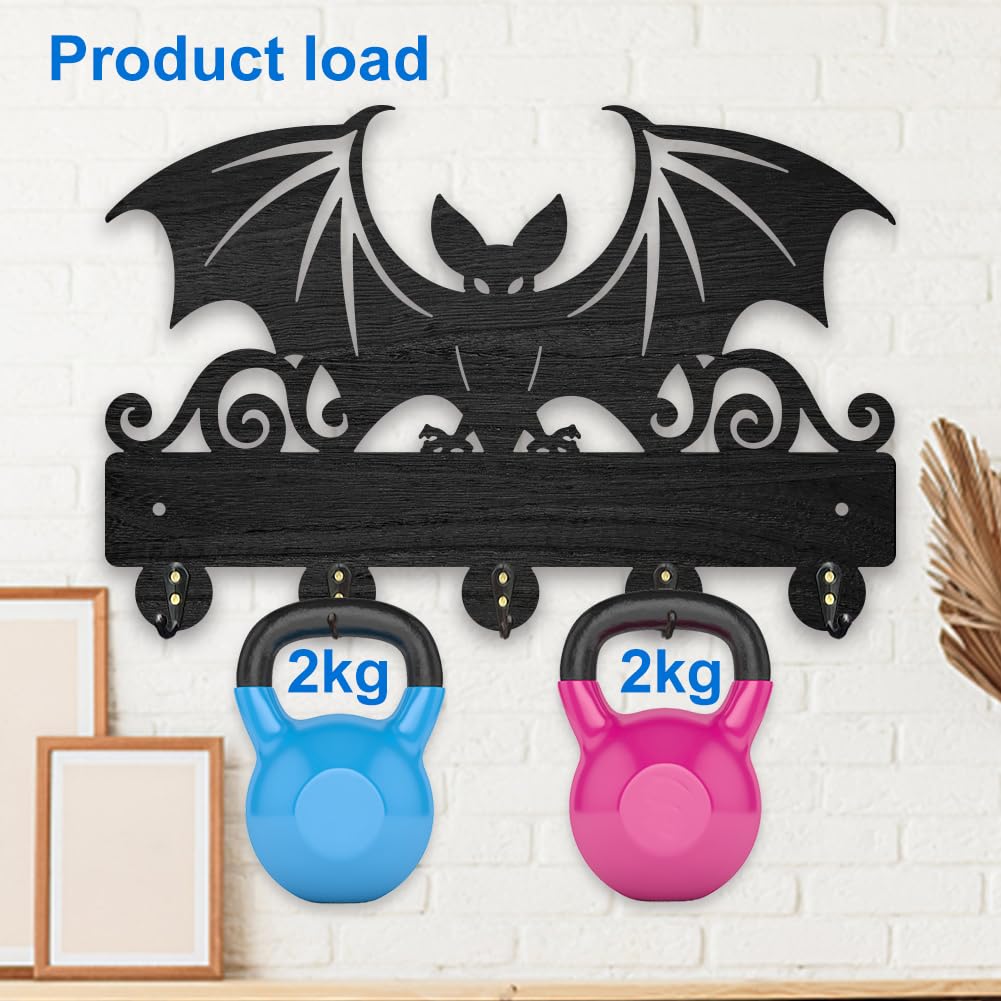 MAYJOYDIY Wood Bat Wall Key Hook Halloween Animal Theme Wall Mounted Key Holder 11.8×7.9inch Wall Art Decor Black Wall Key Rack Organizer 5 Alloy Hooks for Gift Hallway Home Decor Bag Towel Hanging