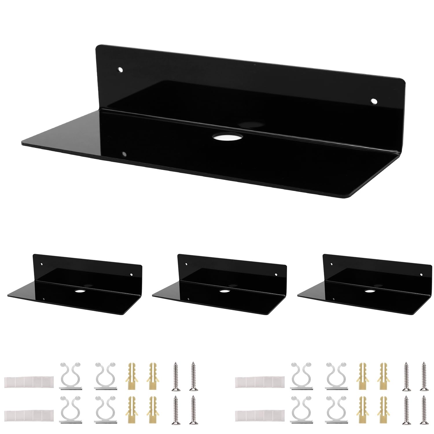 QWORK Acrylic Floating Wall Shelves, 4-Pack 9 Inch Black Adhesive Display Shelf - for Storage & Display of Small Items and Collectibles