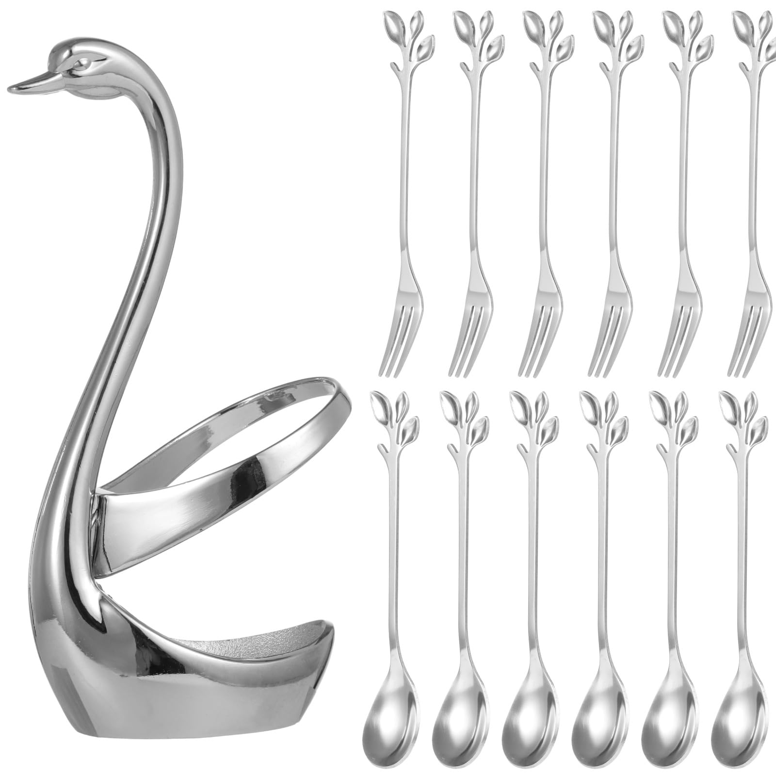 13 Pieces Spoon and Fork Set with Silver Swan Base, Stainless Steel 4.7-inch Coffee Spoons Forks with Silver Small Swan Base Holder Set, Dessert Tea Spoon Set