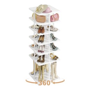 dimj rotating shoe rack tower - 6-tier spinning shoe rack, revolving 360 shoe organizer spinning tower for storage of shoes/boots/bags, square carousel rotate shoes closet organization white