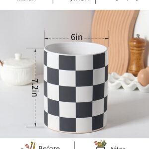 Swkien Utensil Holder，7.2 Inch Checkered Utensil Holder, Ceramic Cooking Utensil Spoon/Spatula Holder for Countertop, Kitchen Decor and Accessories for counte(Black)