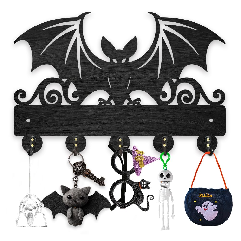 MAYJOYDIY Wood Bat Wall Key Hook Halloween Animal Theme Wall Mounted Key Holder 11.8×7.9inch Wall Art Decor Black Wall Key Rack Organizer 5 Alloy Hooks for Gift Hallway Home Decor Bag Towel Hanging