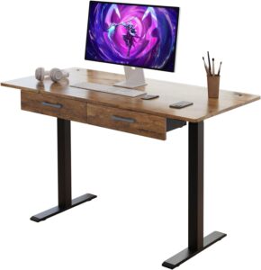 our modern space 2-drawer height adjustable 45" electric standing desk - upgraded ultra durable home office large rectangular computer table or laptop sit stand workstation - maple