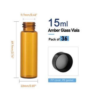 Njvial 36Pcs 15ml Small Amber Glass Vials with Lids Lab Sample Vials Empty Refillable Perfume Travel Mini Glass Bottles with Screw Caps for Essential Oils