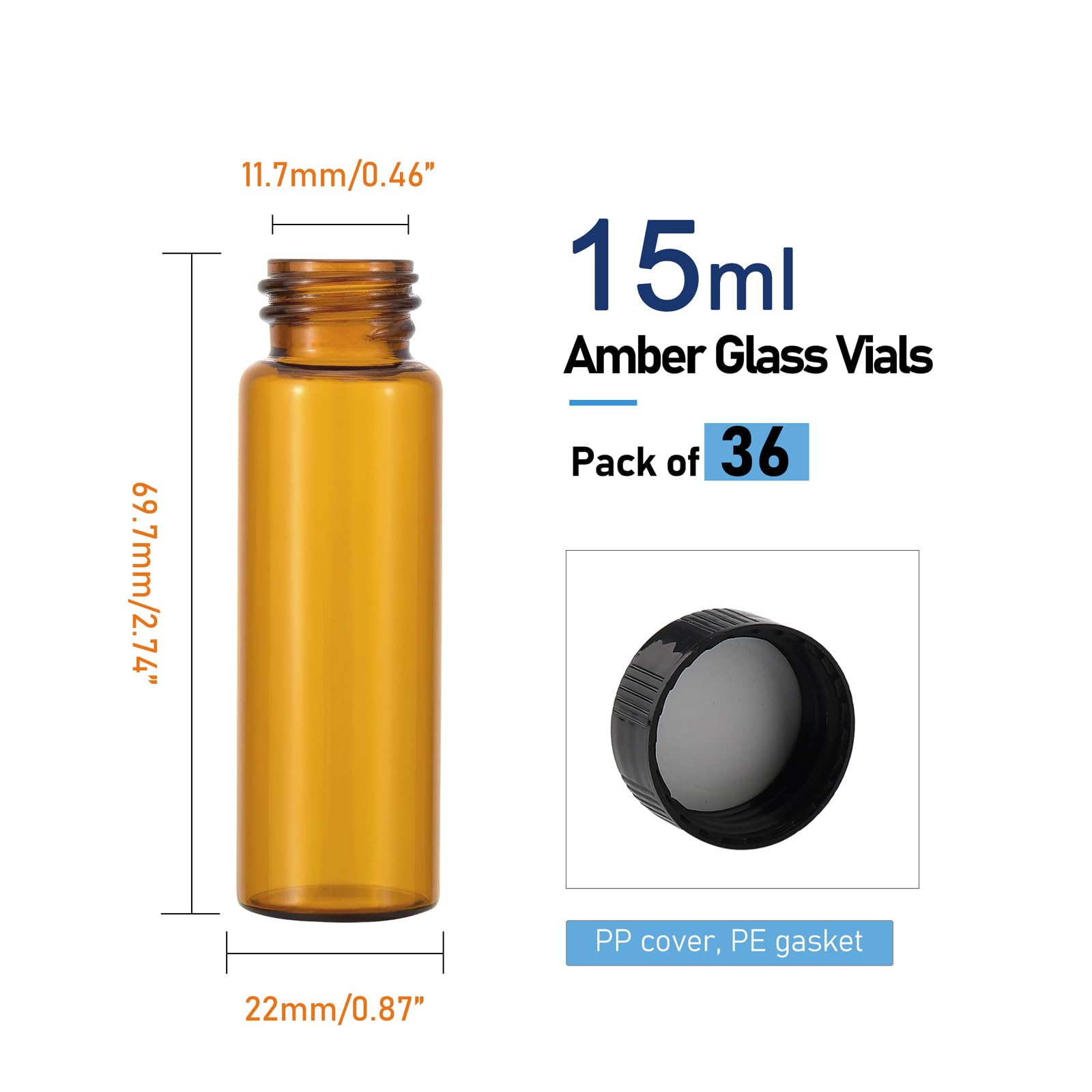 Njvial 36Pcs 15ml Small Amber Glass Vials with Lids Lab Sample Vials Empty Refillable Perfume Travel Mini Glass Bottles with Screw Caps for Essential Oils