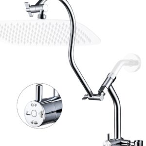 G-Promise All Metal Shower Diverter with Low Handheld Holder and 13 Inch Curved Adjustable Shower Head Extension Arm, 3-Way Diverter Valve with Pause Mode (Chrome)