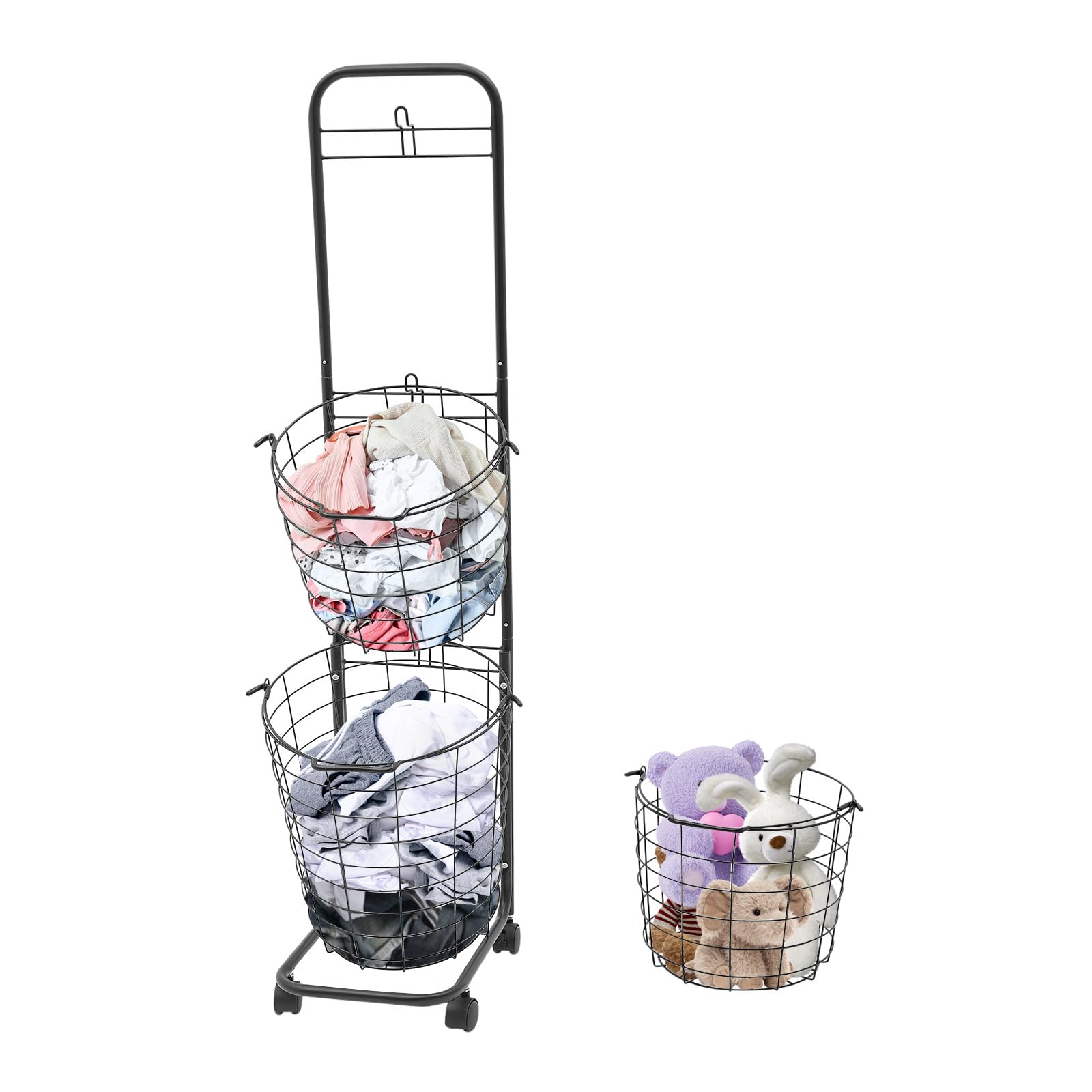 3 Tier Laundry Basket on Wheels, Large Laundry Hampers with 3 Removable Wire Basket, Clothing Sorting Laundry Baskets for Laundry Rooms, Balconies, Toilets, Bedrooms for Daily Necessities