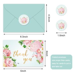 Whaline 36Pcs Floral Thank You Cards with Envelopes and Stickers Tea Party Greeting Cards Flower Teapot Blank Note Cards for Tea Party Weddings Bridal Shower