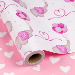 flyhill pink adorable elephant baby shower wrapping paper-reversible girly baby balloon & love heart newborn themed for baby shower,birthday,holiday-46.8sqft(17 in * 32.8 ft)