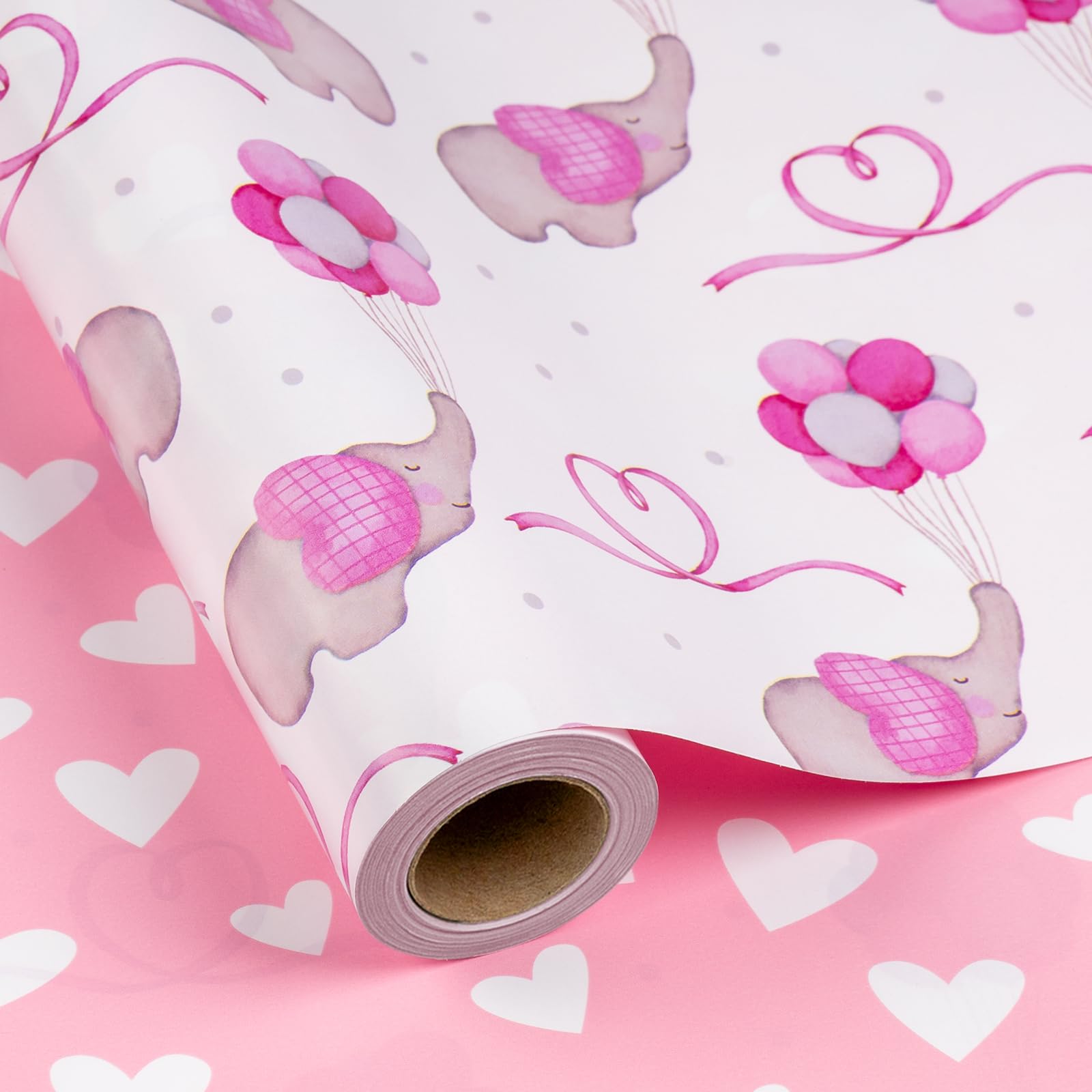 Flyhill Pink Adorable Elephant Baby Shower Wrapping Paper-Reversible Girly Baby Balloon & Love Heart Newborn Themed for Baby Shower,Birthday,Holiday-46.8sqft(17 In * 32.8 Ft)