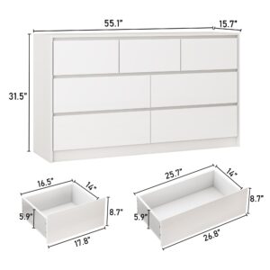 White Malm Dresser for Bedroom, 55 Inch Long Dresser High Gloss Dresser with 7 Drawers, Modern Large Wood Chest of Drawer Handle Free, Dresser for Kids Bedroom, Living Room, Entryway, Hallway, White