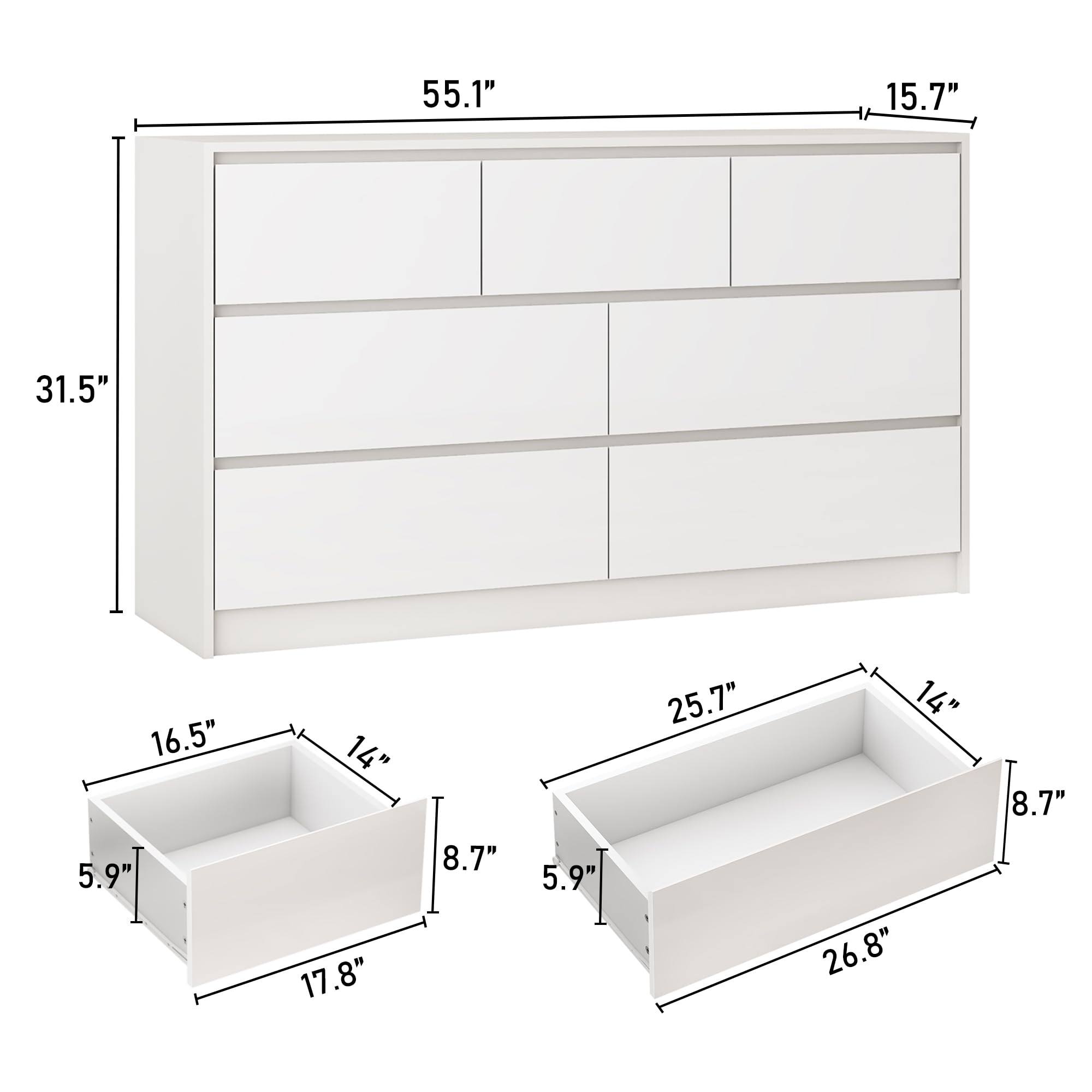 White Malm Dresser for Bedroom, 55 Inch Long Dresser High Gloss Dresser with 7 Drawers, Modern Large Wood Chest of Drawer Handle Free, Dresser for Kids Bedroom, Living Room, Entryway, Hallway, White