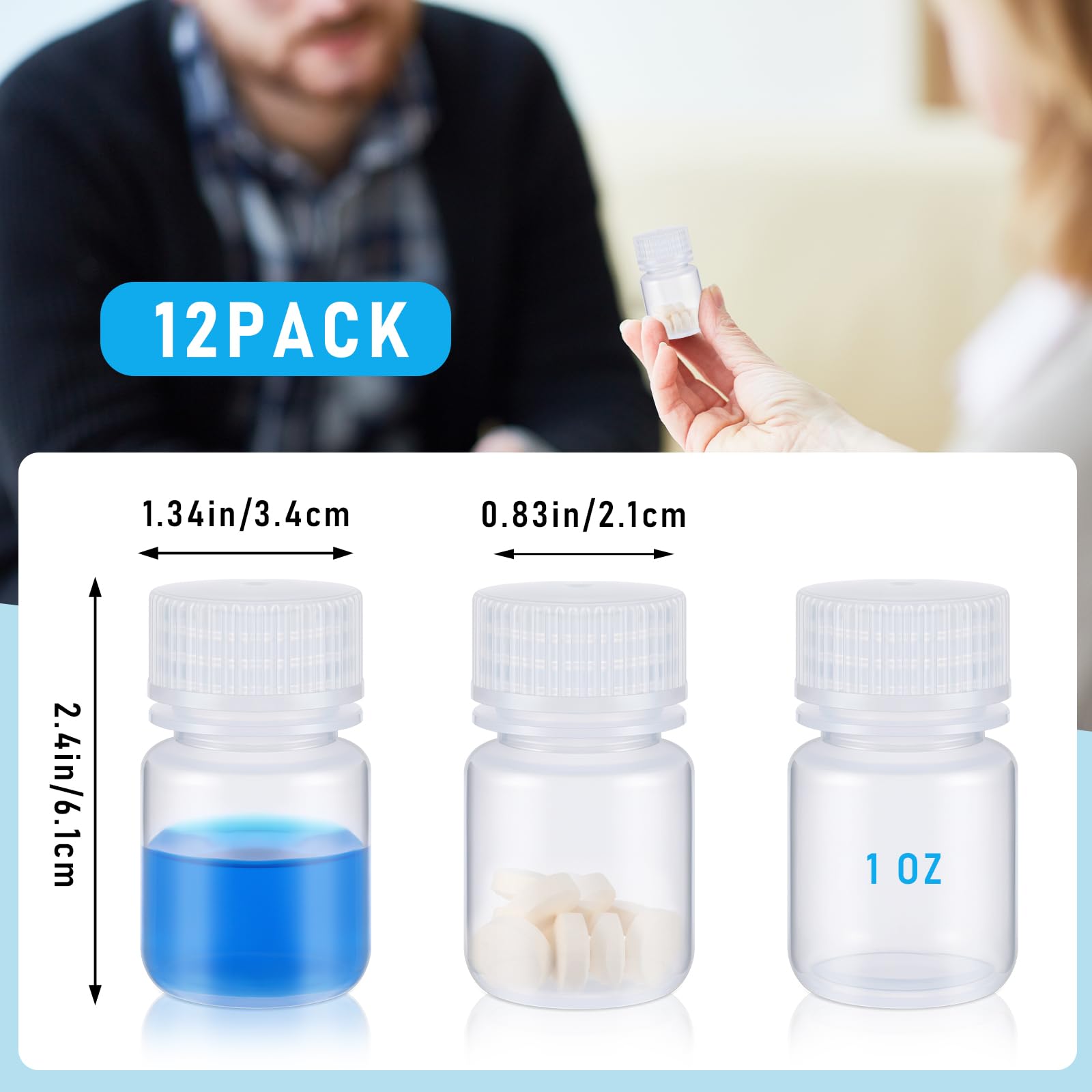 Tatuo 12 Pcs 1oz Pill Bottle Sample Bottles Polypropylene Wide Mouth Reagent Bottle Plastic with Screw Caps Translucent PP Sample Containers with Lid for Liquids, Laboratory, Travel, at Home